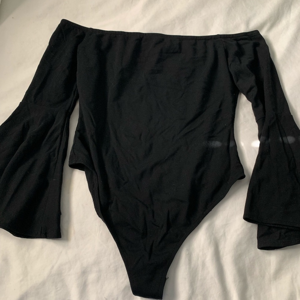 Lulu’s off-the-shoulder bodysuit w/ bell sleeves